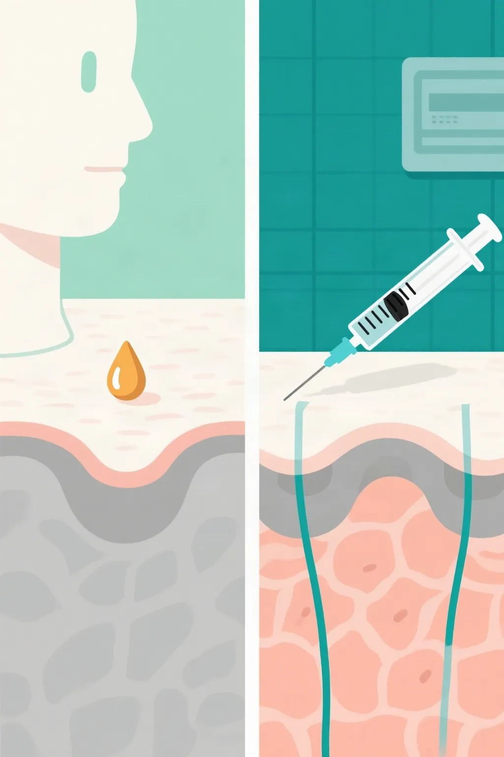Split medical illustration comparing topical skincare application with an injected route of exposure