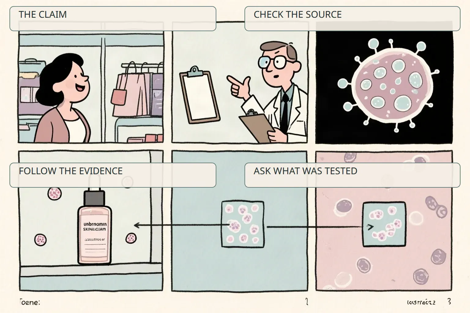 Four-panel editorial comic about checking an exosome skincare claim from marketing through source, evidence and product testing