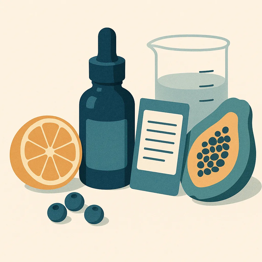 Fruit-themed skincare products beside simple lab-style packaging, showing fruit cues without implying fresh fruit should be applied directly to skin.
