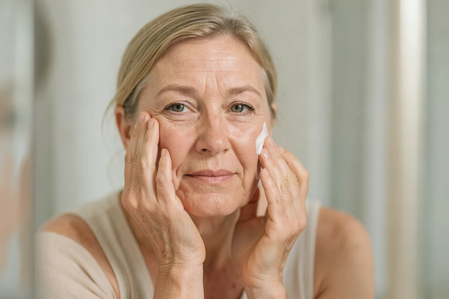 Woman in her early fifties applying moisturizer to her cheek at a bathroom mirror.