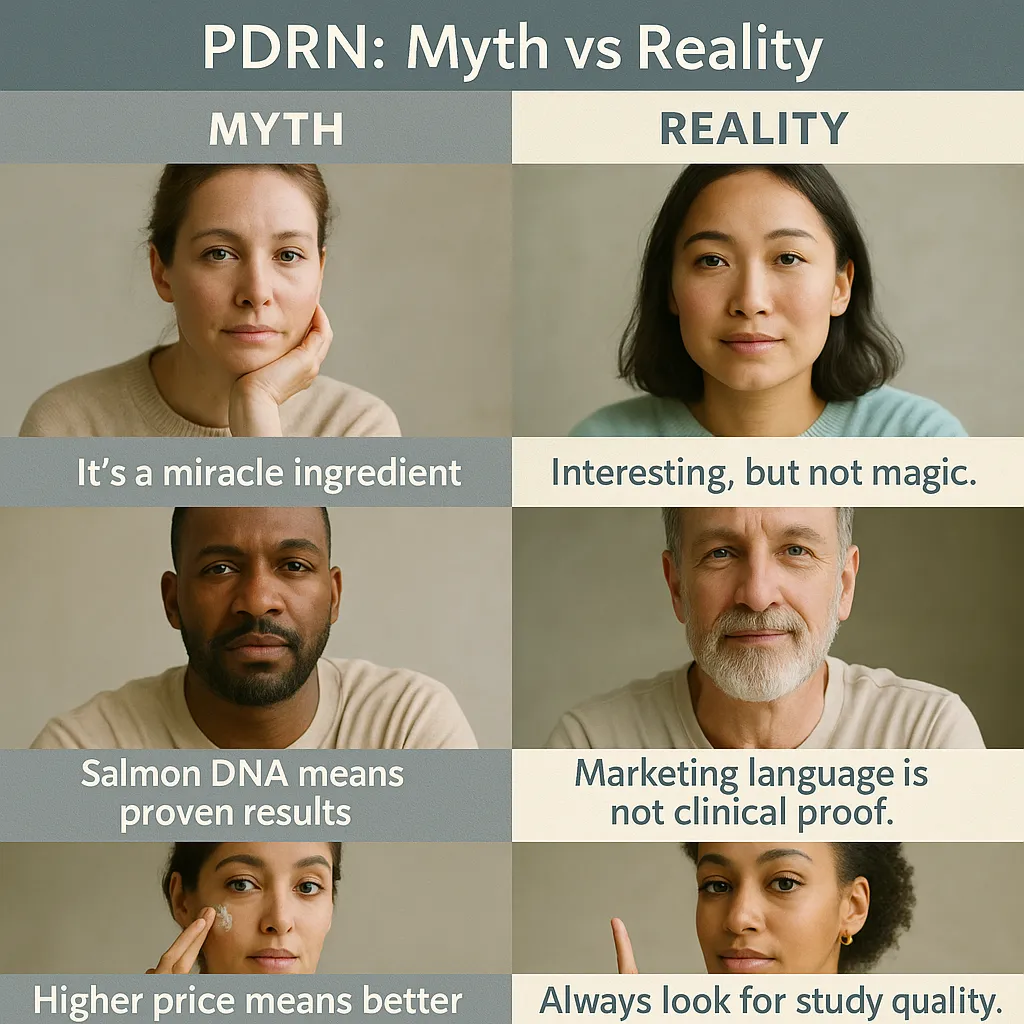 PDRN myth versus reality infographic covering miracle claims, salmon DNA, topical versus injectable evidence, and price