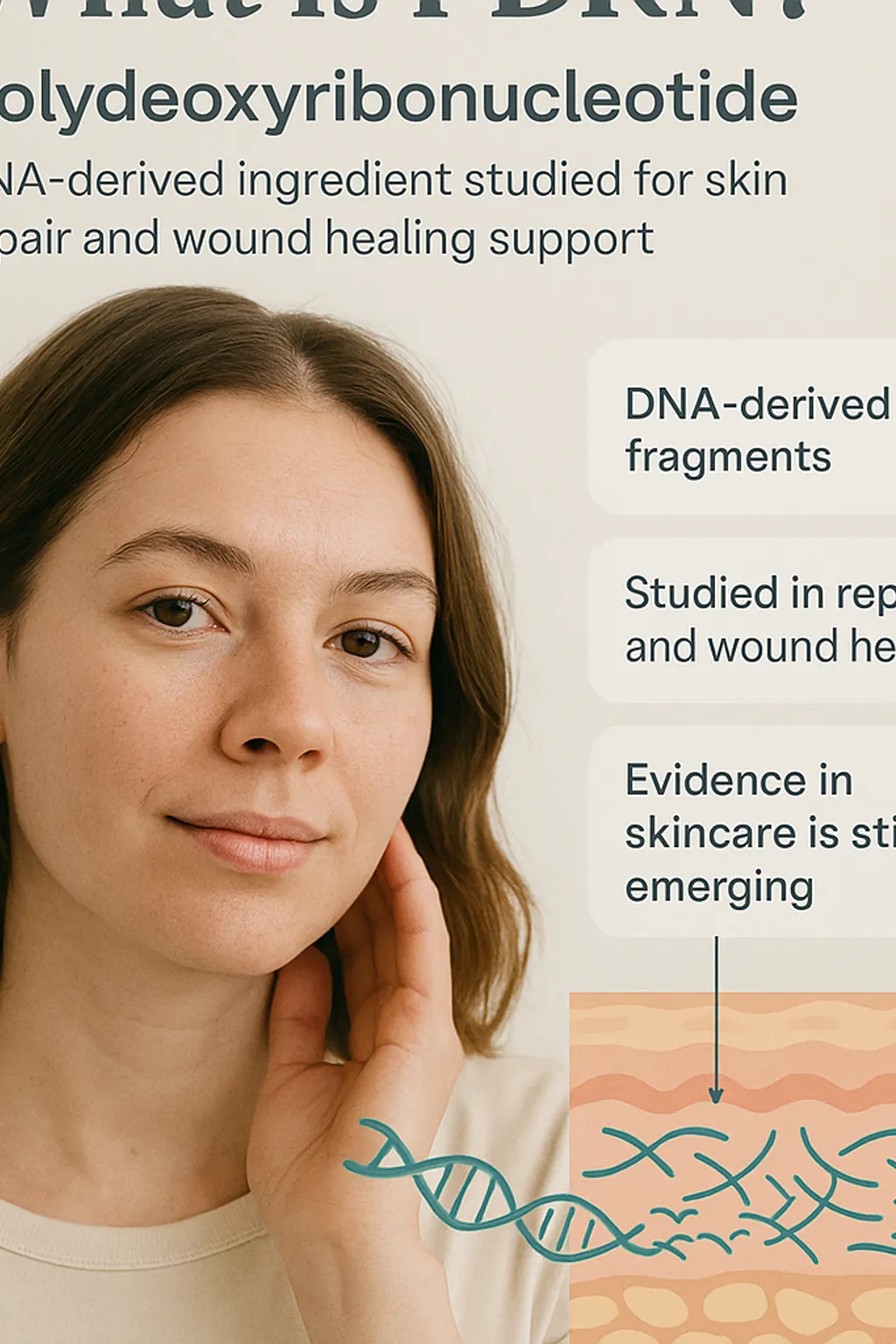 What is PDRN infographic explaining DNA-derived fragments, repair research and emerging skincare evidence