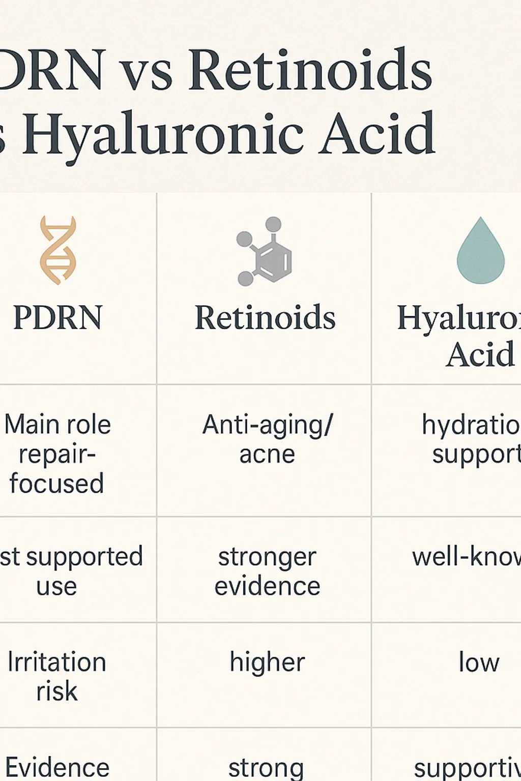 Comparison of PDRN, retinoids and hyaluronic acid by role, use, irritation risk and evidence depth