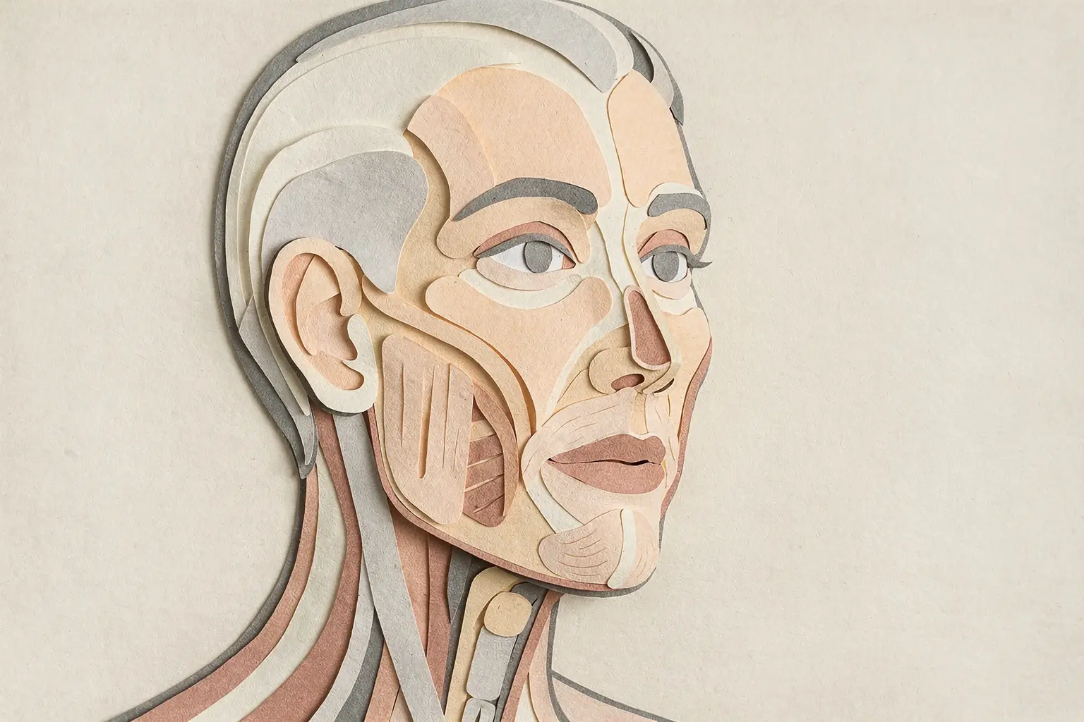 Paper-cut anatomical portrait showing skin and deeper facial soft-tissue layers