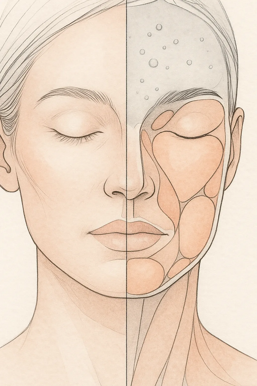 Anatomical line illustration separating outer skin surface from deeper facial soft-tissue volume