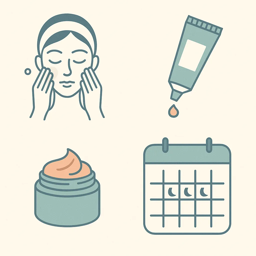 Four-stage illustrated retinoid night routine: cleanse, small amount, moisturize and space applications