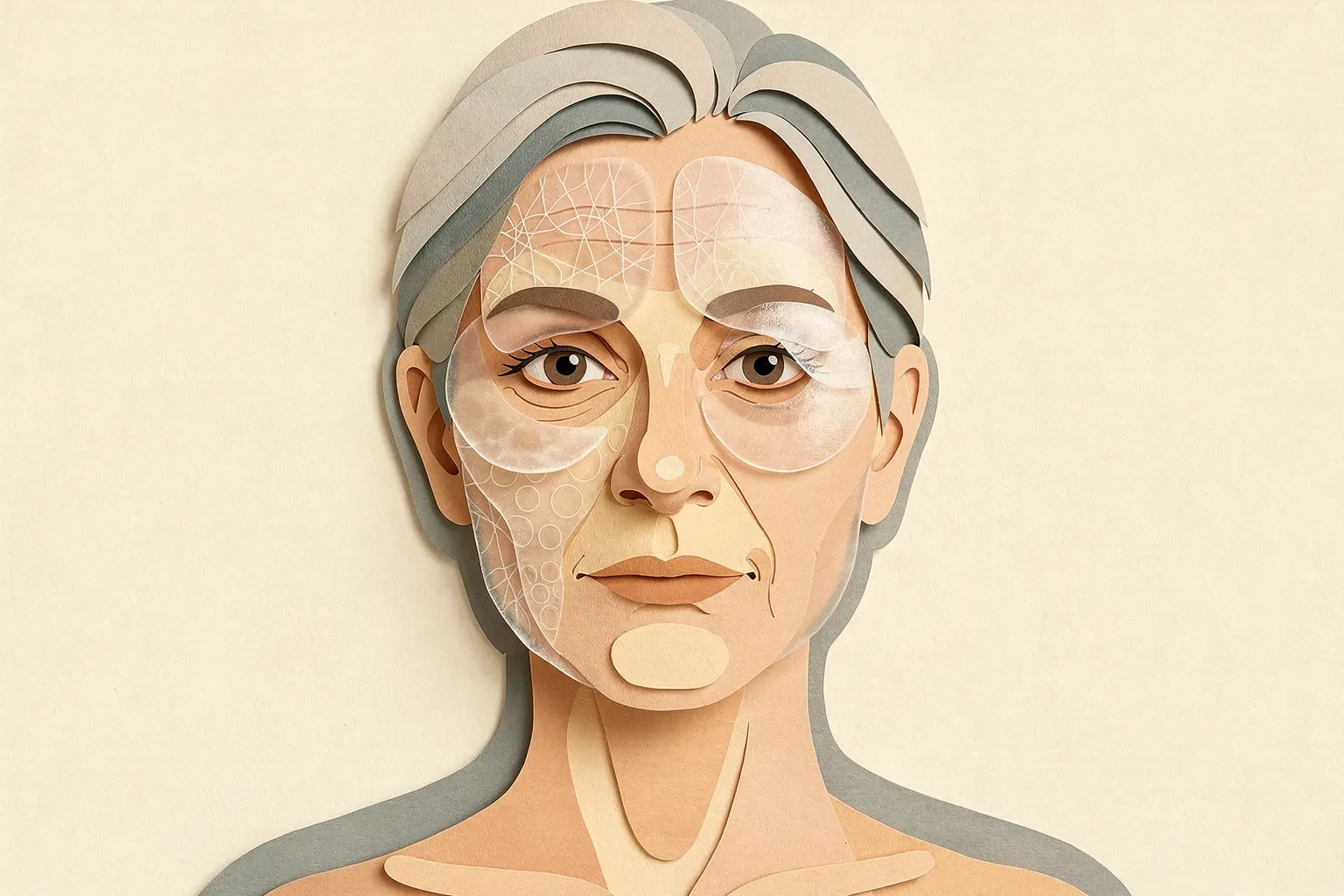 Layered paper-cut portrait illustrating structural and hydration changes in skin after 40