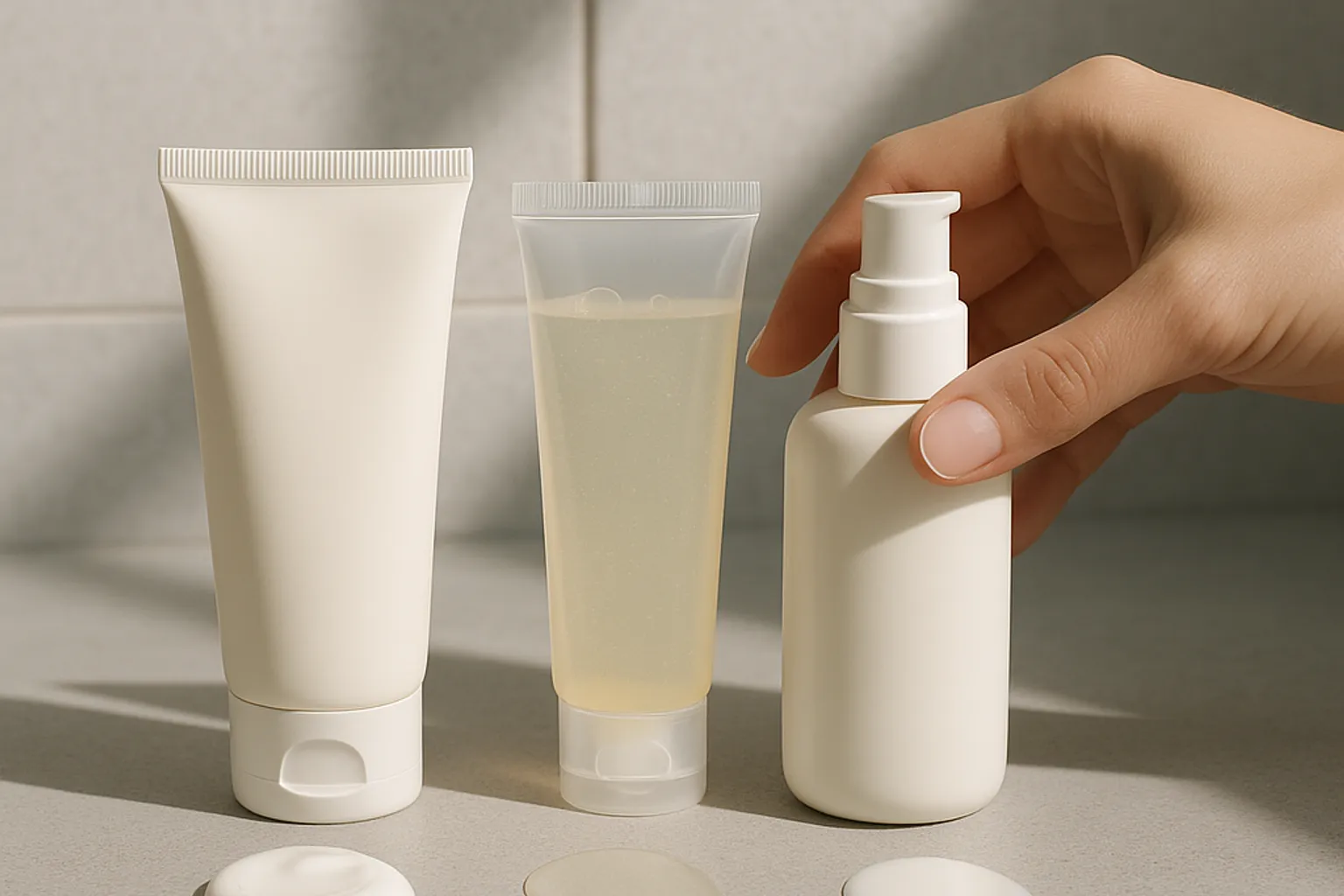 Cream, gel and fluid sunscreen textures with a hand choosing among practical everyday options