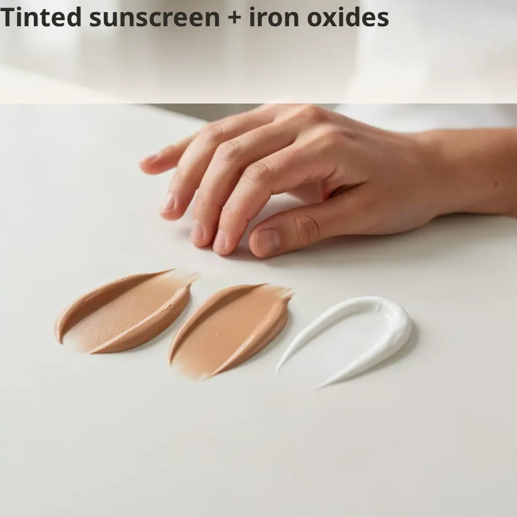 Four sunscreen swatches with a deterministic label reading Tinted sunscreen plus iron oxides.