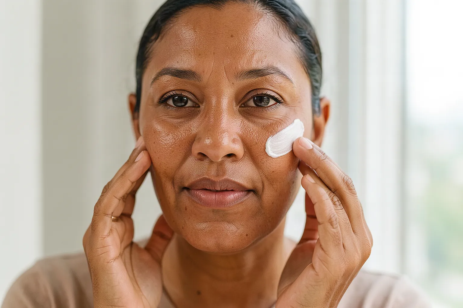 Adult with medium-deep skin applying tinted sunscreen to the cheek.