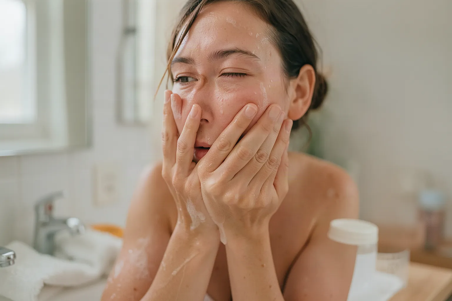 An adult at a bathroom sink after washing, touching a cheek that feels dry and tight.