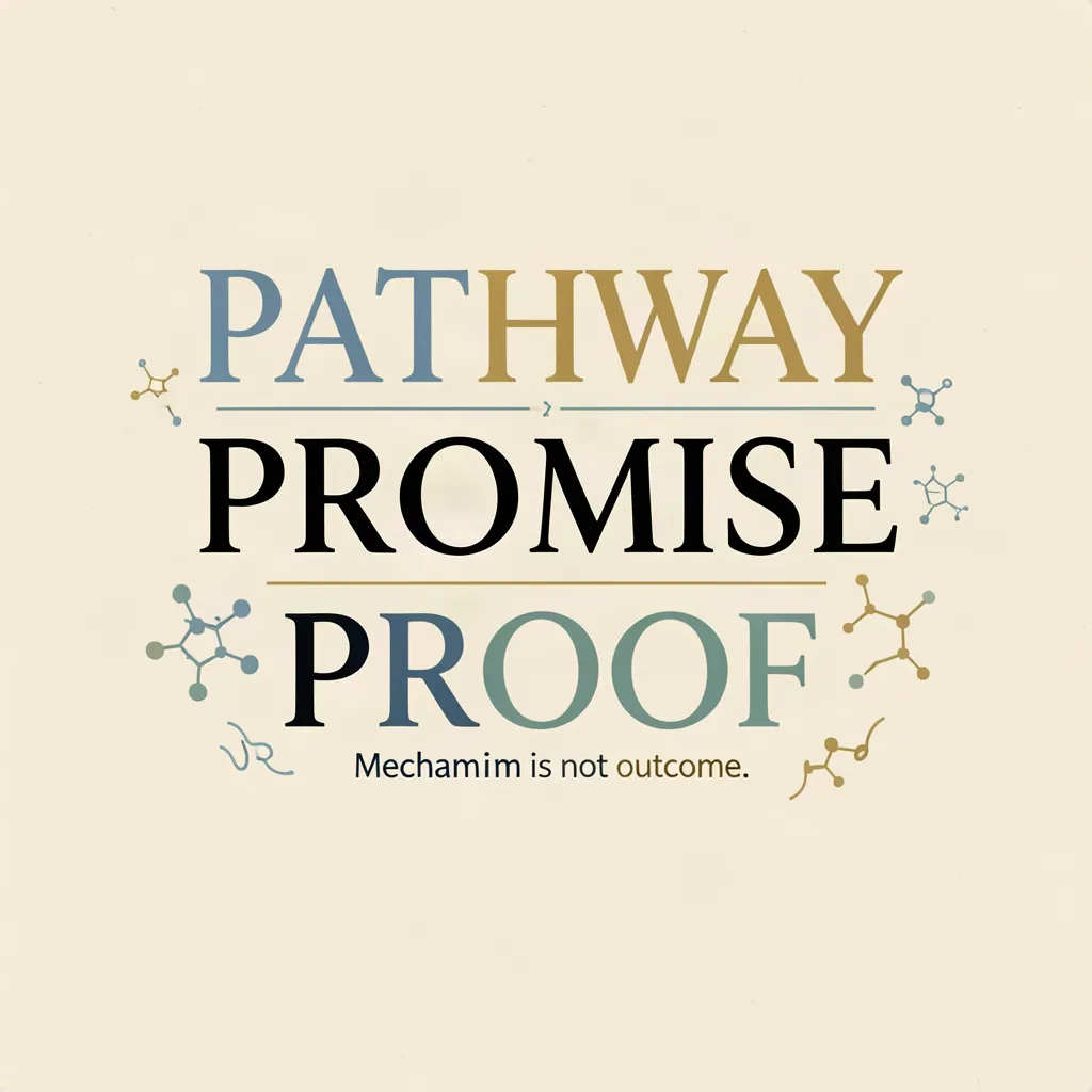 Editorial graphic reading Pathway, Promise, Proof, with the note Mechanism is not outcome