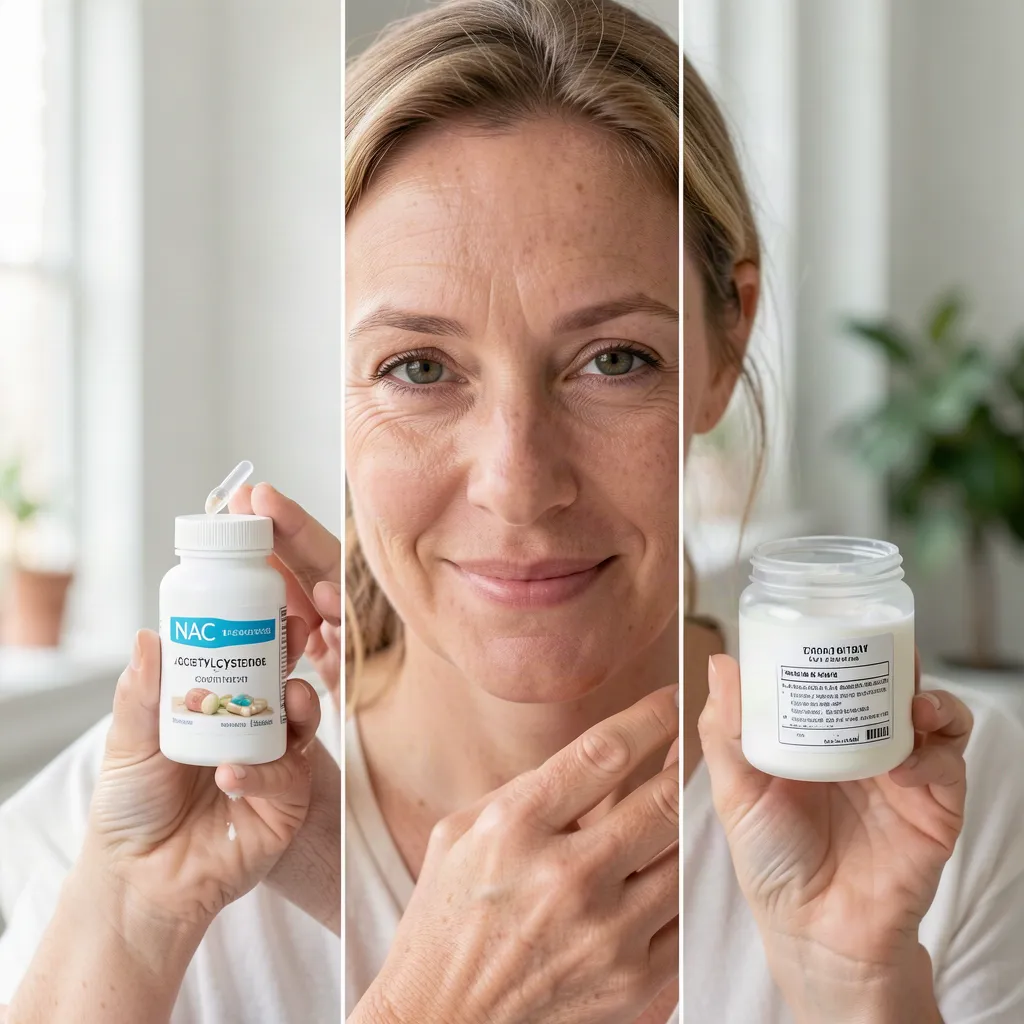 Three NAC contexts shown side by side: medical acetylcysteine, oral supplement, and topical skincare