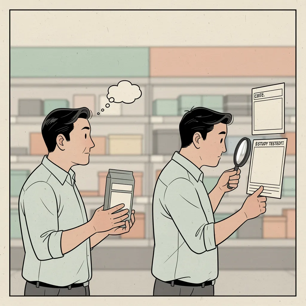 Shopper examines a product claim with a magnifying glass and study card