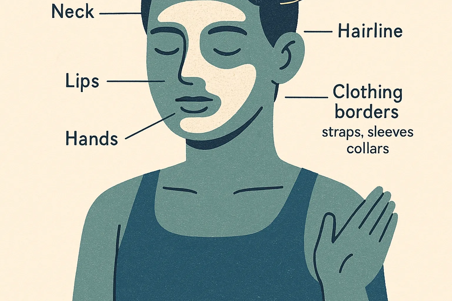 Annotated face and body map highlighting commonly missed sunscreen areas such as ears, neck, hairline, lips, hands, feet, and clothing borders.