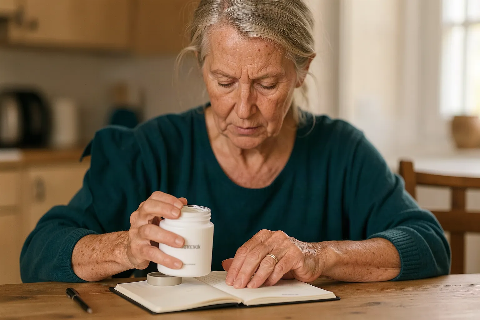 An older adult considering an unbranded moisturizer at a kitchen table.