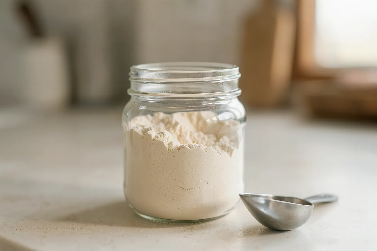 A plain glass jar of unlabelled pale powder with a small metal scoop beside it on a kitchen counter