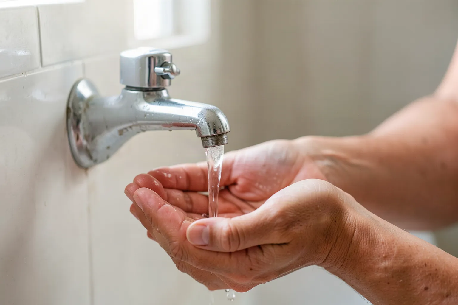 Water running from a plain chrome bathroom tap into cupped hands in daylight