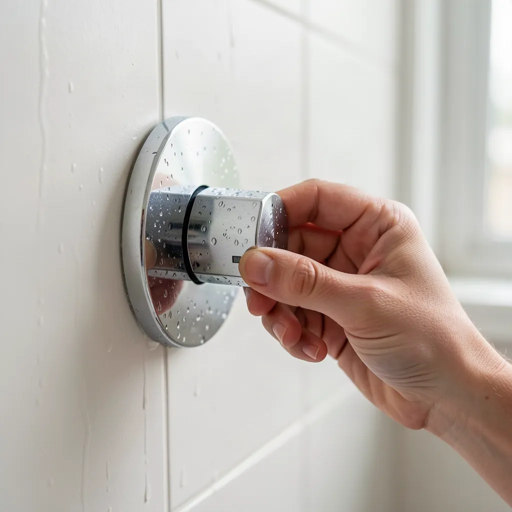 A hand adjusting a chrome shower temperature control