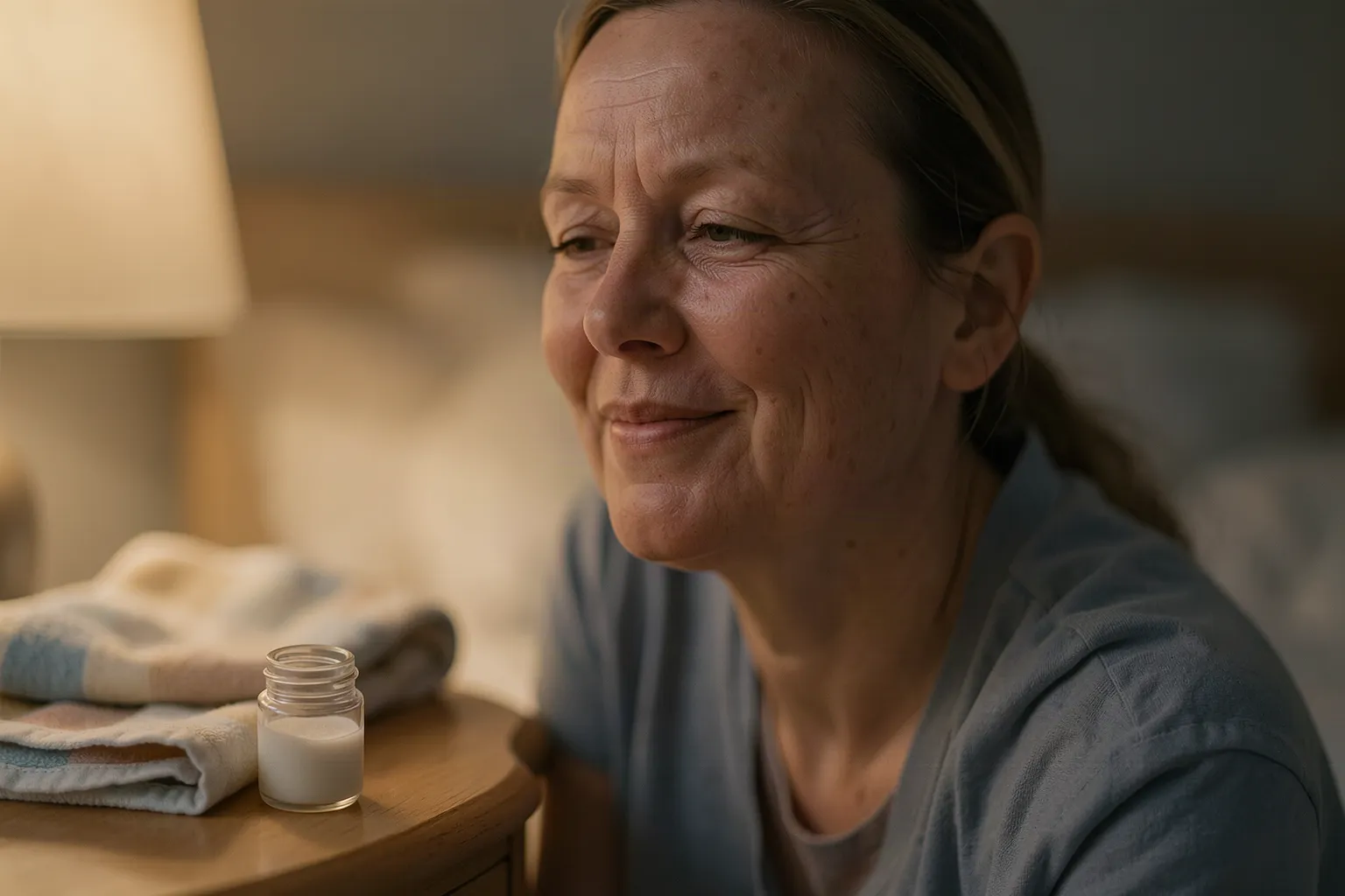 An open jar of plain clear ointment on a bedside table beside a folded flannel in low lamplight